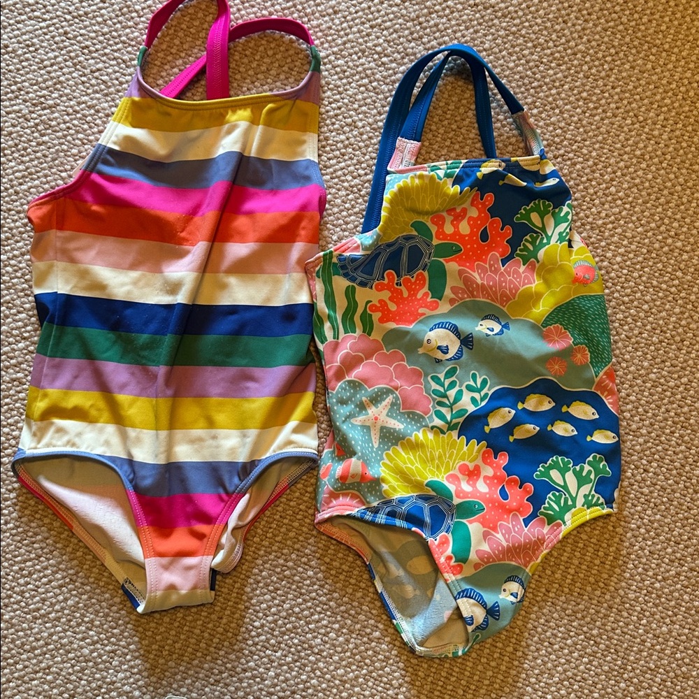 Mini Boden Rainbow Striped and Ocean Print Kids Swim One Piece